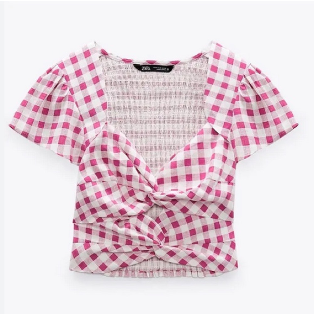 NWOT XS Zara Fuchsia Pink & White Gingham Cotton Crop Top, Flutter Sleeve
